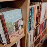 Llyfrau ar silff mewn siop lyfrau. 