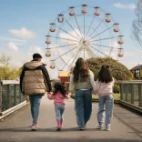 Two adults and two children walking towards a ferris wheel.