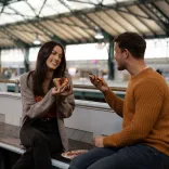 A couple enjoying pizza on a market terrace