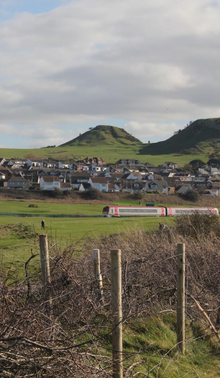 A train travelling through the countryside with hills in the background.
