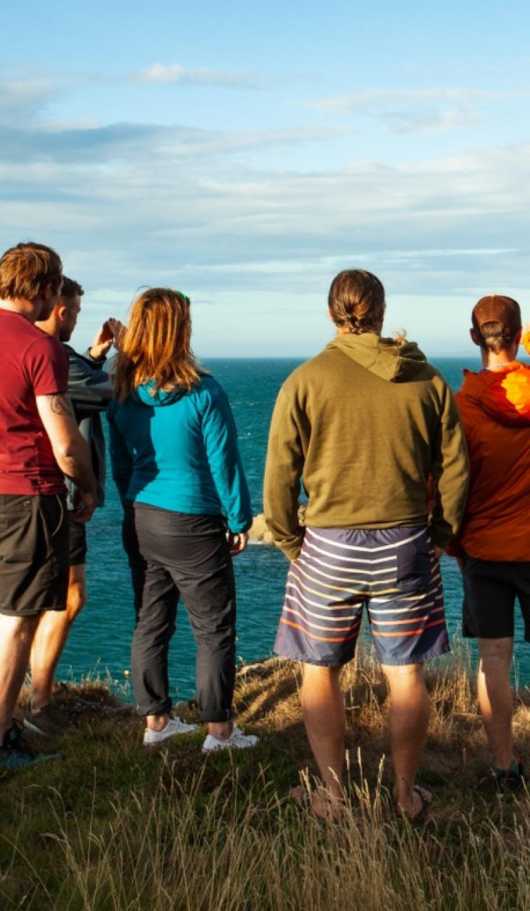 A group of people on a coast path looking out at the scenery beyond.