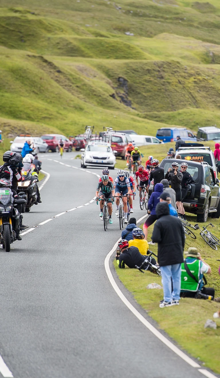 Cyclists and spectators lining a mountain road.