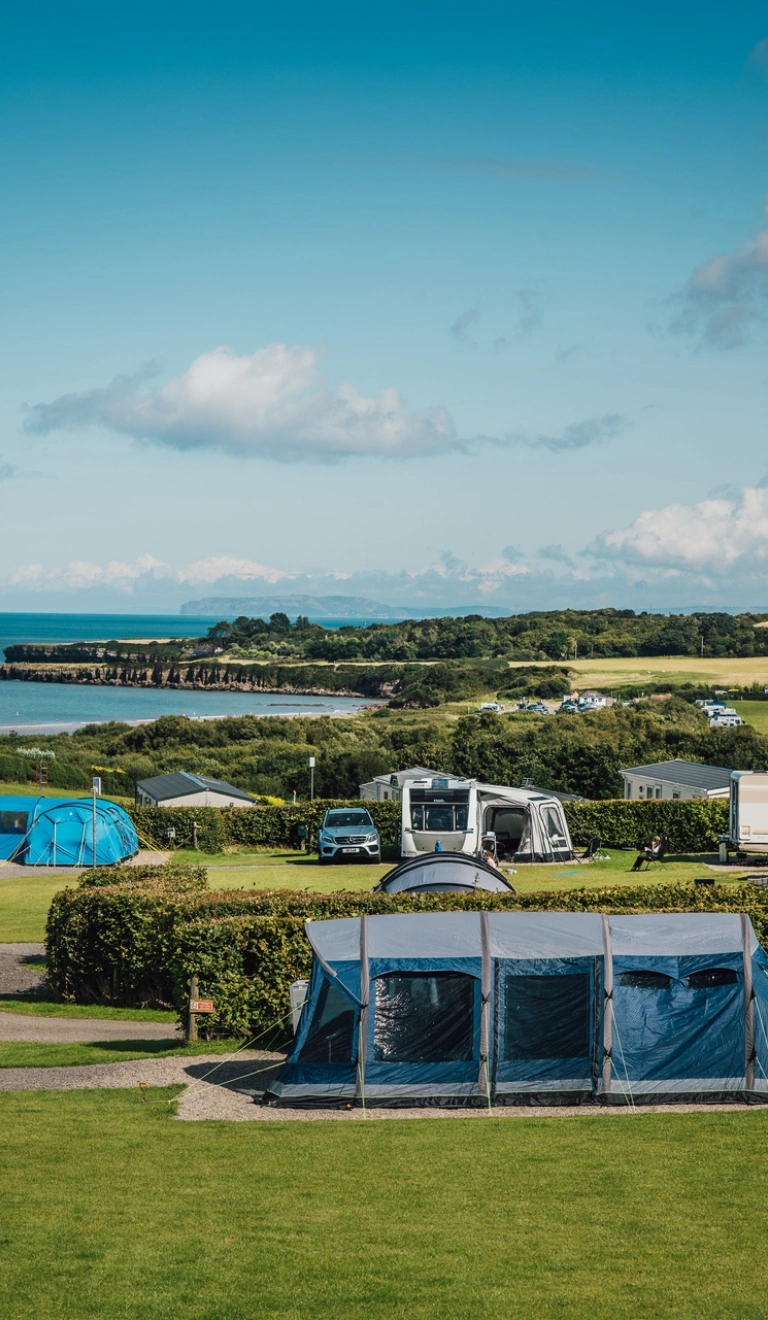 Campsite with tents and caravans pitched in fields, separated by hedges. The sea can be seen in the distance.