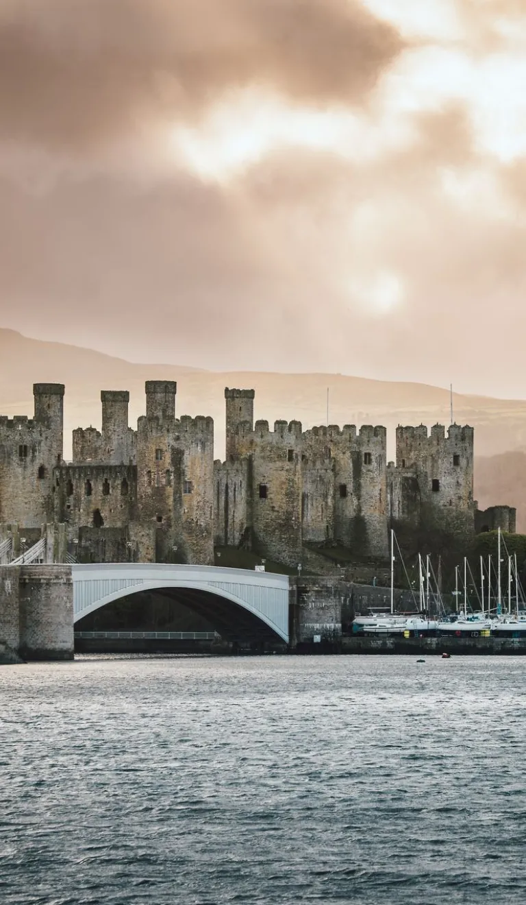 A huge castle with towers and massive walls by a marina, with a moody sky above.