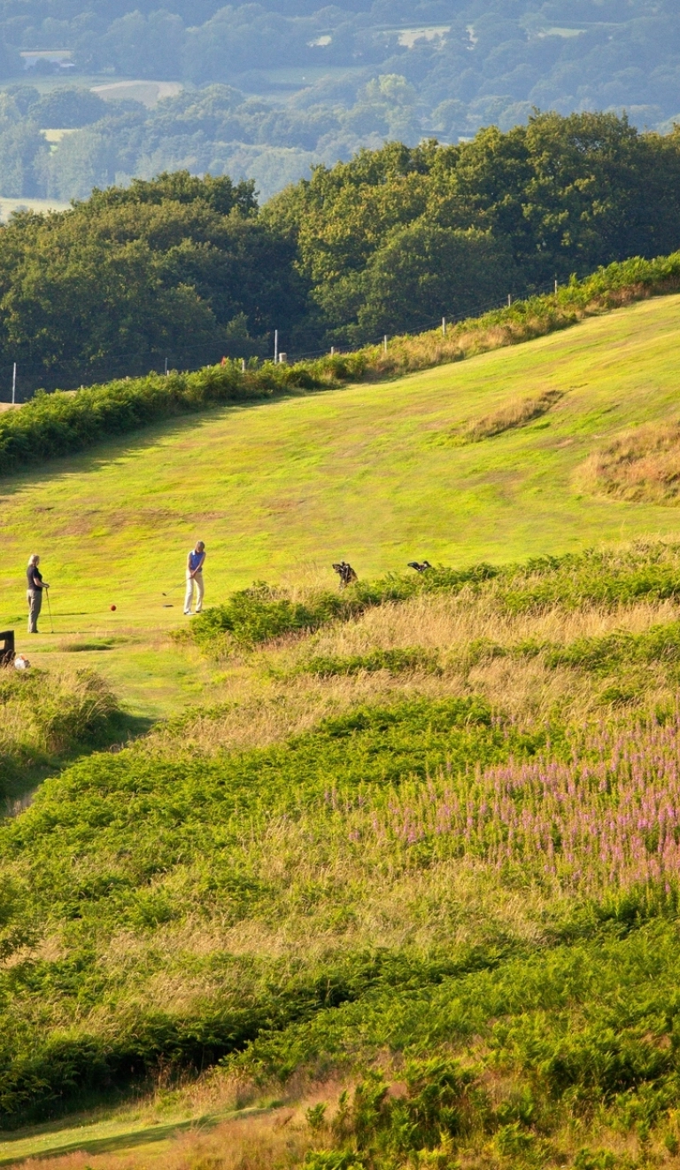 Golfers playing a round with stunning views seen from the height of Llandrindod Wells Golf Club.