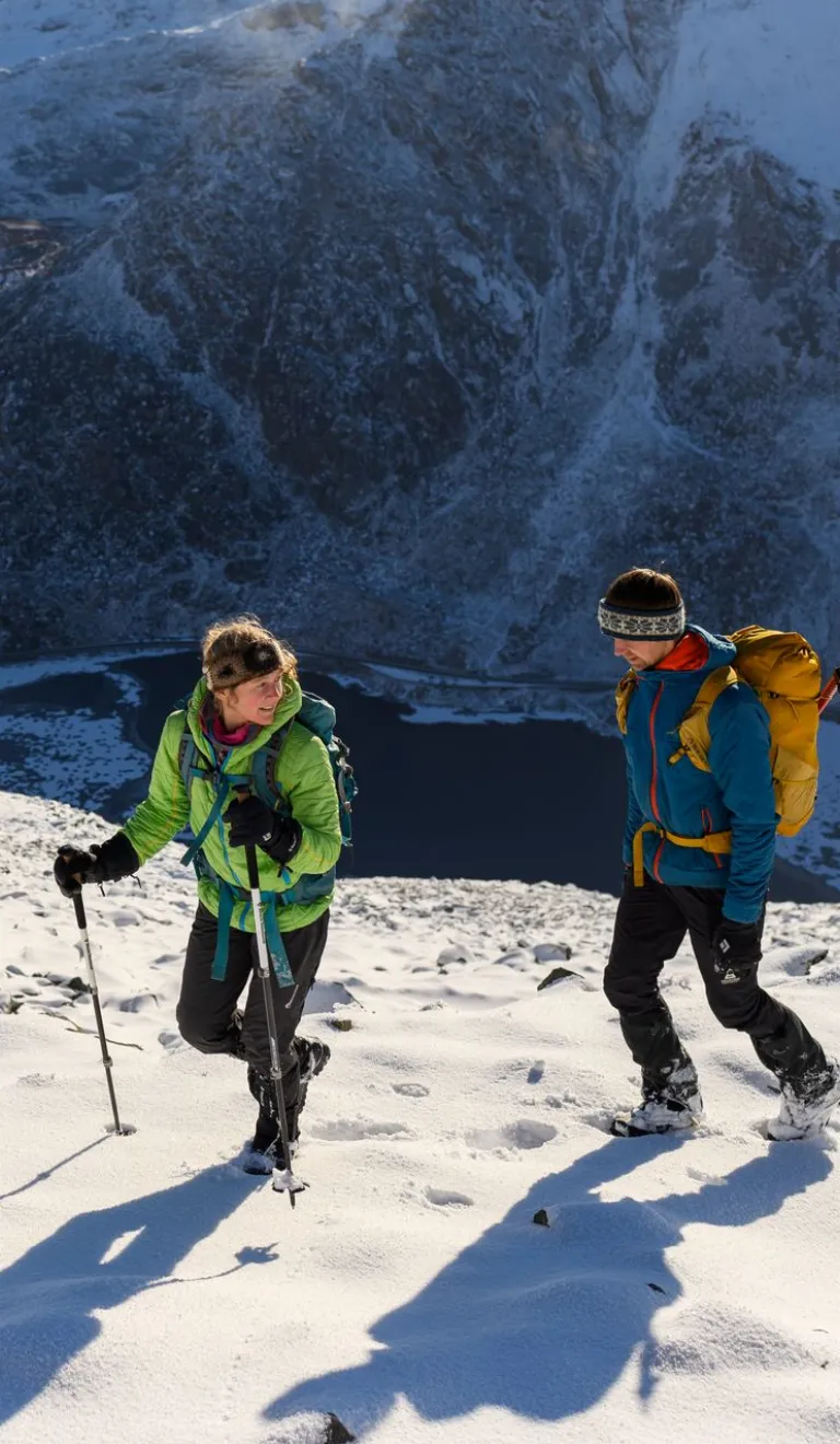 Two hikers walking on a snow-covered mountain summit with backpacks and poles, surrounded by rugged peaks under a partly cloudy sky.