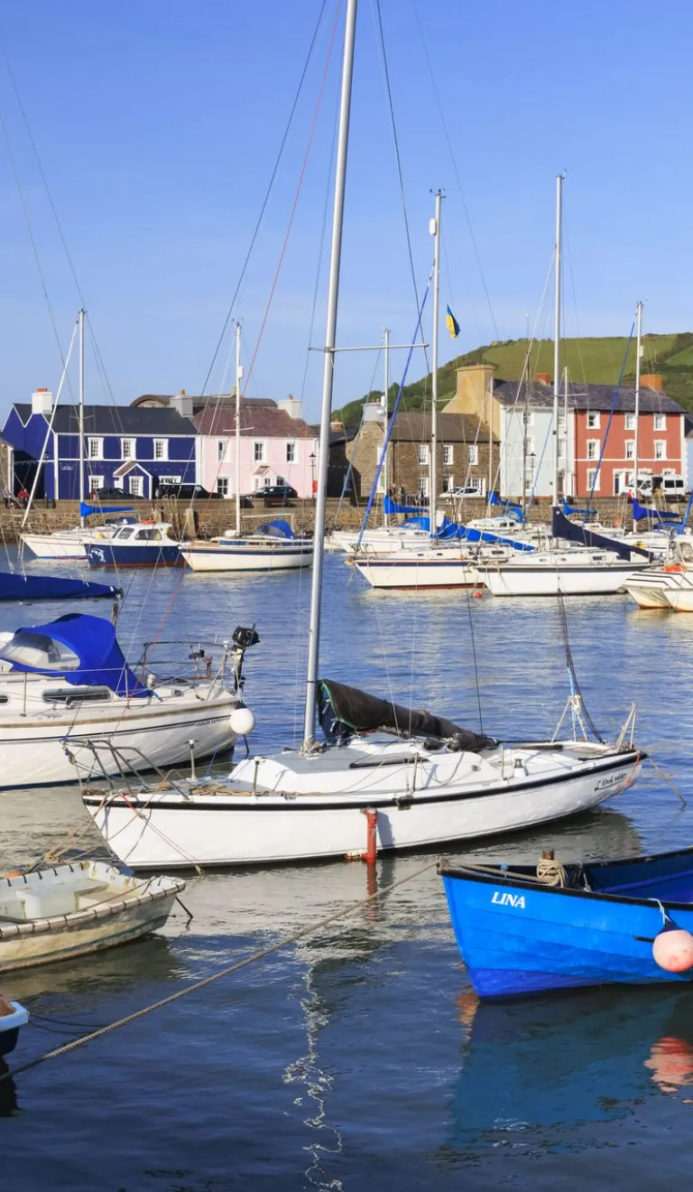 Small boats and yachts moored in a colourful harbour on a sunny day, with brightly painted buildings and green hills in the background.
