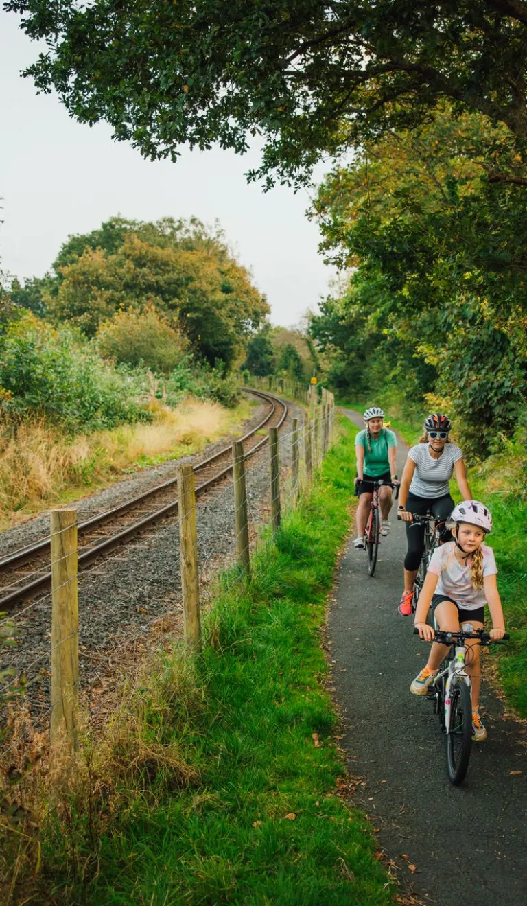 Adult and child cycling along a narrow path beside railway tracks, with two more riders following under trees.